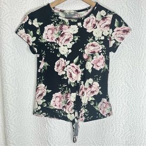 Pink Roses Floral Print Front Tie Black Tee